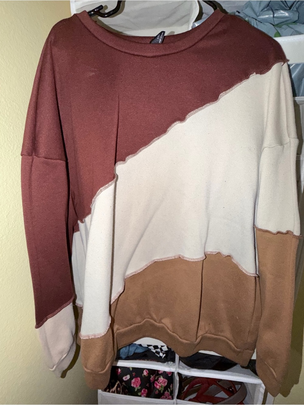 Colorblock Crewneck Sweater in Brown, Cream & Tan